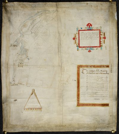 خريطة قصور بايفورد وجودمانستون في مورستون وسيتنجبورن، مقاطعة. كينت: 1590 (غسل بالحبر والألوان على الرق) بواسطة كريستوفر ساكستون
