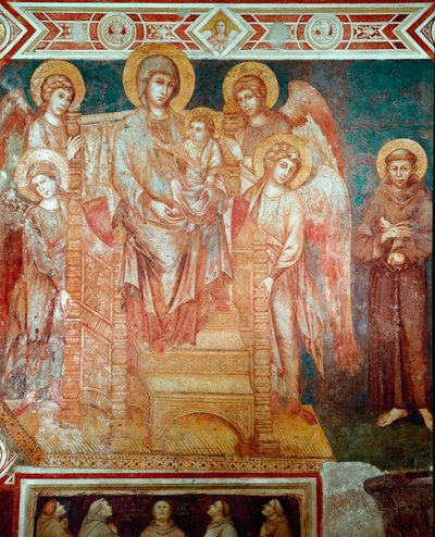 مادونا لديها أطفال على العرش ، وأربعة ملائكة وسانت فرانسوا من أسيزي فريسكو من Cimabue (Cenni di Pepo) (1272-1302) 1278-1280 Dim.320x340 سم. أسيزي ، بازيليك سان فرانشيسكو ، الكنيسة السفلى بواسطة سيمابو