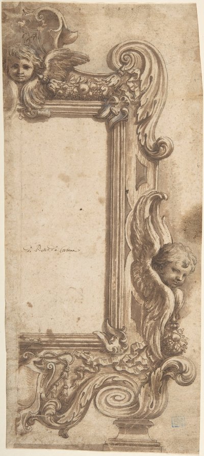 تصميم نصف إطار مزين بالملائكة والأشكال الحلزونية والأكاليل ، 1634-89. بواسطة سيرو فيري.