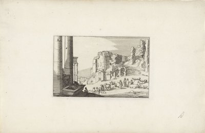 تلال منظر طبيعي بها نافورة ورعاة المناظر الطبيعية الإيطالية مع الآثار (عنوان المسلسل) Variae Antiquitates Romanae (عنوان السلسلة على الكائن) بواسطة ويليم فان نيولانت (الثاني)
