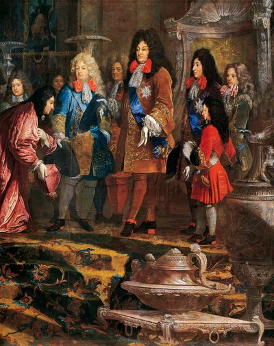 تلقى لويس الرابع عشر الاستسلام ، دوجي من جنوة في مايو 1685 ، تفاصيل اللوحة التي رسمها كلود جاي هالي (1652-1736) ، فرنسا بواسطة كلود جاي هاله