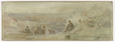 رسم تخطيطي لمبنى بلدية مونتروي-سو-بوا: منظر طبيعي - استراحة تحت الأشجار، في عام 1892 (زيت على قماش) بواسطة كلود تشارلز بورجونييه