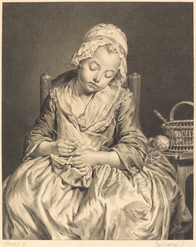 الحياكة النائمة بواسطة Claude Donat Jardinier after Jean Baptiste Greuze