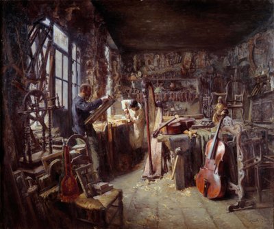 مرمم في ورشته مليئة بالأدوات. لوحة لكلود فيرمين (1864-1944) 1896 متحف أفينيون كالفيت إنتباه! قد يخضع استخدام هذا العمل لطلب إذن من طرف ثالث أو رسوم إضافية بواسطة كلود فيرمين