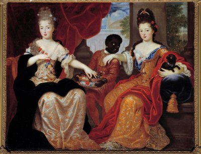 صور مادموزيل دي بلوا ومادموزيل دي نانت خدمها خادمهم الأسود "". Mademoiselle de Blois (1677-1749) ، زوجة لويس دي بوربون المستقبلية ، مادموزيل دي نانت (1673-1743) ، دوقة أورليانز المستقبلية. لوحة لكلود فرانسوا الخامس بواسطة كلود فرانسوا فيجنون