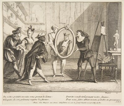 يعرض Pierrot و Scaramouche صورة Harlequin. المبدعين: كلود جيلو ، جاك غابرييل هوكيير. بواسطة كلود جيلو وجاك جابرييل هوكيير