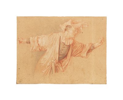 دراسة عن سكاراموش، ذراعيه ممدودتين، ج. 1707 (الطباشير الأحمر والأسود والأبيض، على ورق رمادي فاتح) بواسطة كلود جيلو
