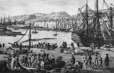 ميناء تولون القديم ، يُرى من متاجر التموين ، سلسلة "Les Ports de France" ، نقشها تشارلز نيكولاس كوشين الأصغر (1715-90) وجاك فيليب لو باس (1707-83) 1762 (تفاصيل الجانب الأيسر) ( انظر أيضًا 382970 ، 382972) (التنميش) بواسطة كلود جوزيف (بعد) فيرنيه