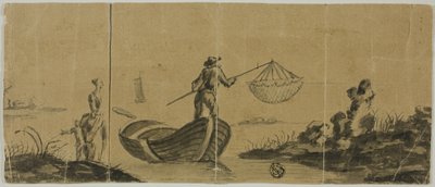 Chinoiserie مع رجل يصطاد من قارب وامرأة وطفل يقفان على الشاطئ بواسطة Claude Joseph Vernet