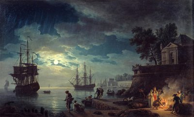 صيد السمك في ضوء القمر منظر ليلي لميناء مع رجال يشعلون نار المخيم. رسم جوزيف فيرنت بواسطة كلود جوزيف فيرنيه
