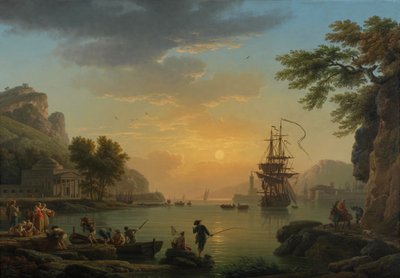 "" Paysage au sunset avec retour de peche "(منظر طبيعي عند غروب الشمس مع عودة الصيادين بصيدهم) لوحة لكلود جوزيف فيرنت (1714-1789) زيت على قماش ، 1773 خافت 114.5x164 سم المعرض الوطني ، لندن بواسطة كلود جوزيف فيرنيه