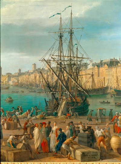The port of Marseille in the 18th century Detail representing the unloading of goods. Painting by Joseph Vernet (1714-1789) 18th century Paris. Marine Museum بواسطة كلود جوزيف فيرنيه