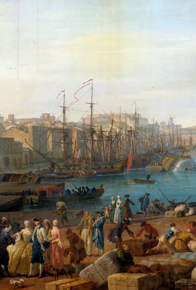ميناء مرسيليا في القرن الثامن عشر تمثل التفاصيل تفريغ البضائع. لوحة جوزيف فيرنت (1714-1789) بواسطة كلود جوزيف فيرنيه