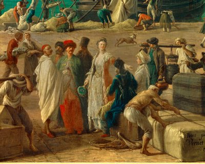تفاصيل: ميناء مرسيليا في القرن الثامن عشر "" تفصيل يمثل تفريغ البضائع. رسم جوزيف فيرنيه (1714-1789) القرن الثامن عشر في باريس. المتحف البحري بواسطة كلود جوزيف فيرنيه