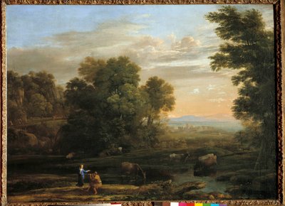 Landscape with shepherd playing the bucolic Scene flageolet. Painting by Claude Gellee called the Lorrain (1600-1682) 17th century. Private collection بواسطة كلود لورين