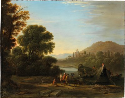 بالفرنسية: Paysage avec personnages avec personnages chargeant du bois sur un bateau منظر طبيعي مع شخصيات تقوم بتحميل الأخشاب على قارب بواسطة كلود لورين