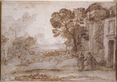 منظر طبيعي مع إبراهيم يطرد هاجر وإسماعيل ، ج .1665-67 (قلم وحبر ويغسل فوق الطباشير على الورق) بواسطة كلود لورين