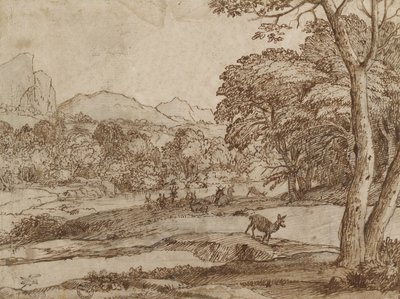 منظر طبيعي مع قطيع من الغزلان ، 1666 (طباشير أسود ، يفرك ، مع قلم وحبر بني على ورق أبيض باهت) بواسطة كلود لورين
