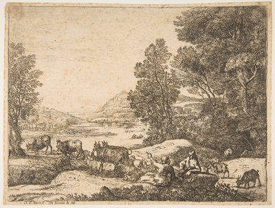 الراعي والراعية يتحدثان في منظر طبيعي ، كاليفورنيا. 1651. بواسطة كلود لورين