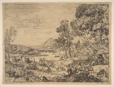 الراعي والراعي يتحدثان في المناظر الطبيعية ، كاليفورنيا. 1651. بواسطة كلود لورين