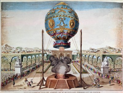 Experience of the Montgolfiere brothers on 19 October 1783 in the garden of Monsieur Reveillon, faubourg Saint Antoine in Paris. Engraving by Desrais Claude Louis Desrais (1746-1816) بواسطة كلود لويس Desrais
