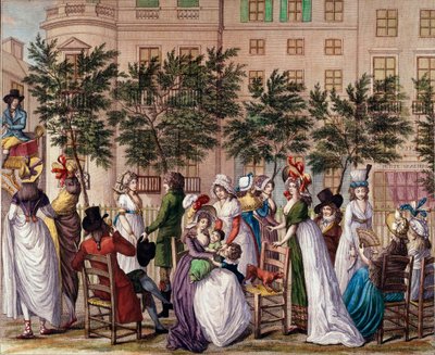 أزياء تحت إدارة مجلس الإدارة: "Le petit Coblenz" ، شارع التنزه Boulevard des Italians في باريس. الطباعة الحجرية لكلود لويس ديسريس (1746-1816) 1798. باريس ، متحف كارنافالي بواسطة كلود لويس Desrais