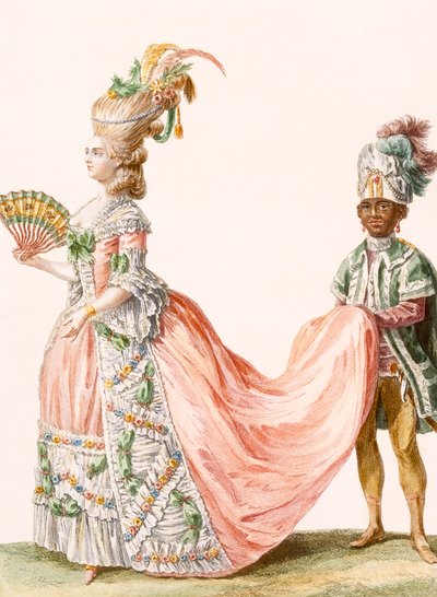 فستان سهرة مفصل ليدي ، منقوش بواسطة Le Roi ، من "Galeries des Modes et Costumes Francais" ، c.1778-87 بواسطة كلود لويس Desrais