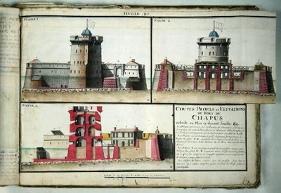أطلس 131 F ص. 85 المقطع العرضي وارتفاعات قلعة تشابوس ، من Traite de Fortifications ، c.1720 بواسطة كلود ماسي