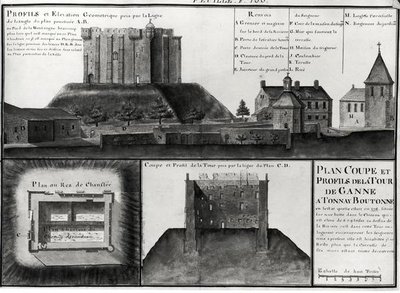 الورقة. ١٠٦ المقطع العرضي والرسم الجانبي لسباق Tour de Ganne في Tonnay Boutonne ، من Recueil des Plans de Saintonge (قلم وحبر ومرحاض على ورق) بواسطة كلود ماسي