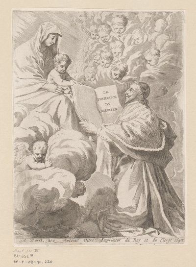 يقدم Armand-Jean du Plessis Duke of Richelieu كتابًا لمريم والطفل صفحة العنوان لـ: Armand-Jean du Plessis Duke of Richelieu، Traité de la perfection du chrétien بواسطة أنطوان فيتري