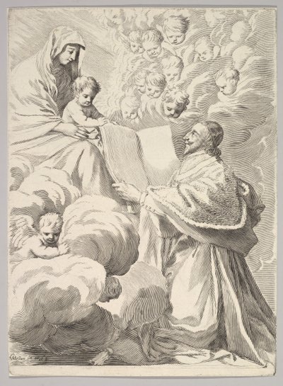 الكاردينال ريشيليو ، راكع ، يقدم كتابه إلى العذراء والطفل ، كاليفورنيا. 1646. بواسطة كلود ميلان