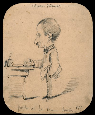 صورة كاريكاتورية لرجل يقف بجانب مكتب (وجه) ؛ رسم تخطيطي لرأس الذكر في الملف الشخصي (ظهر) بواسطة كلود مونيه