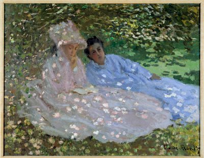 السيدة مونيه وصديقة في الحديقة. امرأتان تجلسان في ظل شجرة. لوحة لكلود مونيه (1840-1926) بواسطة كلود مونيه
