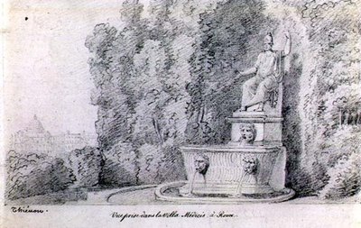 منظر لنافورة في حديقة فيلا ميديشي ، روما ، حوالي 1815-20 (قلم رصاص على ورق) بواسطة كلود ثينون