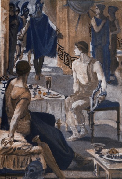 أخيل يستقبل مبعوثي أجاممنون. رسم إيضاحي لكليمان غونتييه (1876-1918) لـ "الإلياذة" لهومير (أوميرو). باريس ، هنري لورينز بواسطة كليمنت جونتييه