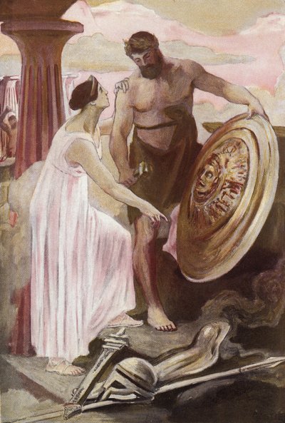 درع أخيل الذي أنشأه فولكان. رسم إيضاحي لكليمان غونتييه (1876-1918) لـ هوميروس "الإلياذة" (أوميرو). باريس ، هنري لورينز بواسطة كليمنت جونتييه