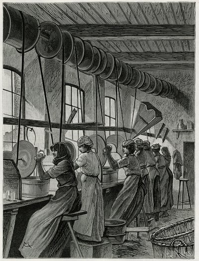 ورشة عمل نسائية في الأواني الزجاجية في فال سانت لامبرت. نقش من قبل C.Meunier لتوضيح قصة "La Belgique" للكاتب كاميل Lemonnier (1844-1913) ، الكاتب والناقد الفني. بواسطة قسطنطين إميل مونيير