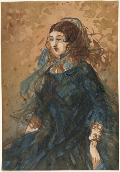 امرأة في ثوب أزرق مستطيل ، مشهد مخيمات الحرب ، 1855-1860. بواسطة قسطنطين الرجال
