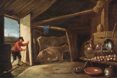 حظيرة من الداخل مع دخول راعي بقر وطبيعة ساكنة من الخضروات والأواني النحاسية (زيت على لوحة) بواسطة 