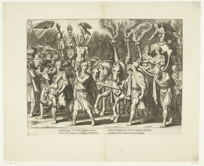 Triomfwagen van Karel V en Ferdinand، na de bevrijding van Wenen van de Turken، ca. 1532 ، لا. 7 مشاهد من ليفن فان كاريل الخامس (عنوان المسلسل) حياة الإمبراطور تشارلز الخامس في نقش جميل للغاية ، محفور على تصميمات A. Tempest الشهيرة بواسطة انطونيو تمبيستا