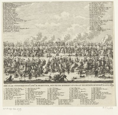 معركة بحرية في Kijkduin ، 1673 معركة بحرية بين Hr. adml. M. de Ruiter، Prince Robbert and Count de Estrée by Kykdn. 21 أغسطس 1673 (العنوان على الكائن) بواسطة باستيان ستوبينديل