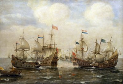 اشتباك بين الإسبان والهولنديين، حوالي عام 1630، كل قارب يحمل علمه، وعلى اليسار قارب يحمل علم الولايات الهولندية العامة بواسطة كورنيليس فيربيك