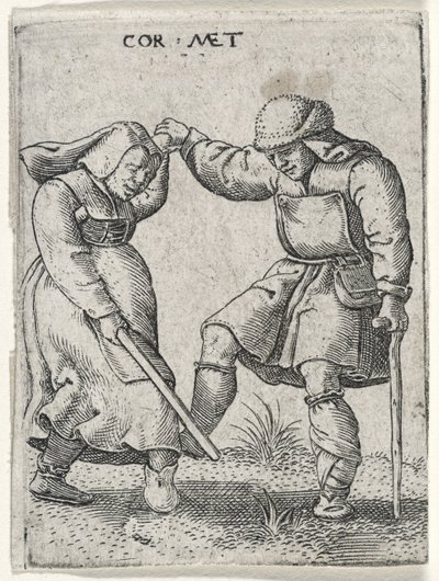 رجل ذو قدم ضمادة يرقص مع امرأة ، 1572 (نقش على ورق مسدود) بواسطة Cornelis after Massys