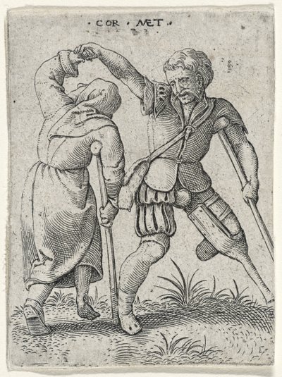 رجل ذو ساق خشبية يدور امرأة عرجاء تحت ذراعه ، 1572 (النقش على ورق مسدود) بواسطة Cornelis after Massys