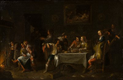 السيدات والسادة يحتفلون حول مائدة ، حوالي 1612-67 (زيت ، قماش ، ورق) بواسطة Cornelis de (Attr. to) Wael