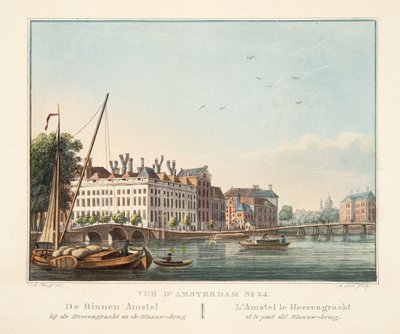 Vue d&39;Amsterdam رقم 34. Binnen Amstel في Herengracht وجسر Blaauw. جسر L&39;Amstel le Heerengracht et le pont dit Blaauw ، 1825 (النقش اليدوي) بواسطة كورنيليس دي كرويف