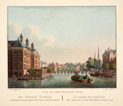 Vue d&39;Amsterdam رقم 38. جسر Diaconie Weeshuis de Blaauw ونهاية سوق البازلاء. La Maison des Orphelins dite Diaconie ، جسر Le Pont dit Blaauw ، 1825 (نقش يدوي اللون) بواسطة كورنيليس دي كرويف