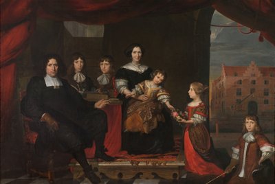 راير ريرز فان دير بورش (1630-1695) ، ضابط الذخيرة الملحق بأرسنال الولايات المتحدة ، ديلفت ، مع زوجته غيرترويد غراسوينكيل وأطفالهم فرانك ، كورنيليس ، ريير ، ماريا وأليدا بواسطة كورنيليس دي مان (منسوب إلى)