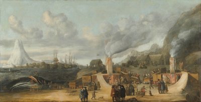 مصفاة زيت الحوت بالقرب من قرية Smerenburg مصنع زيت الحوت التابع لشركة Nordic أو Greenland Company في جزيرة أمستردام في الطرف الشمالي من Spitzbergen (Svalbard) بواسطة كورنيليس دي مان