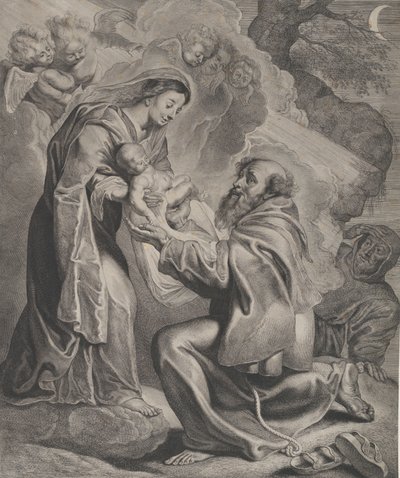 رؤية القديس فرنسيس ، راكعًا على اليمين ، استقبال المسيح الطفل من العذراء ... ، 1650. بواسطة كورنيليس دي فيشر